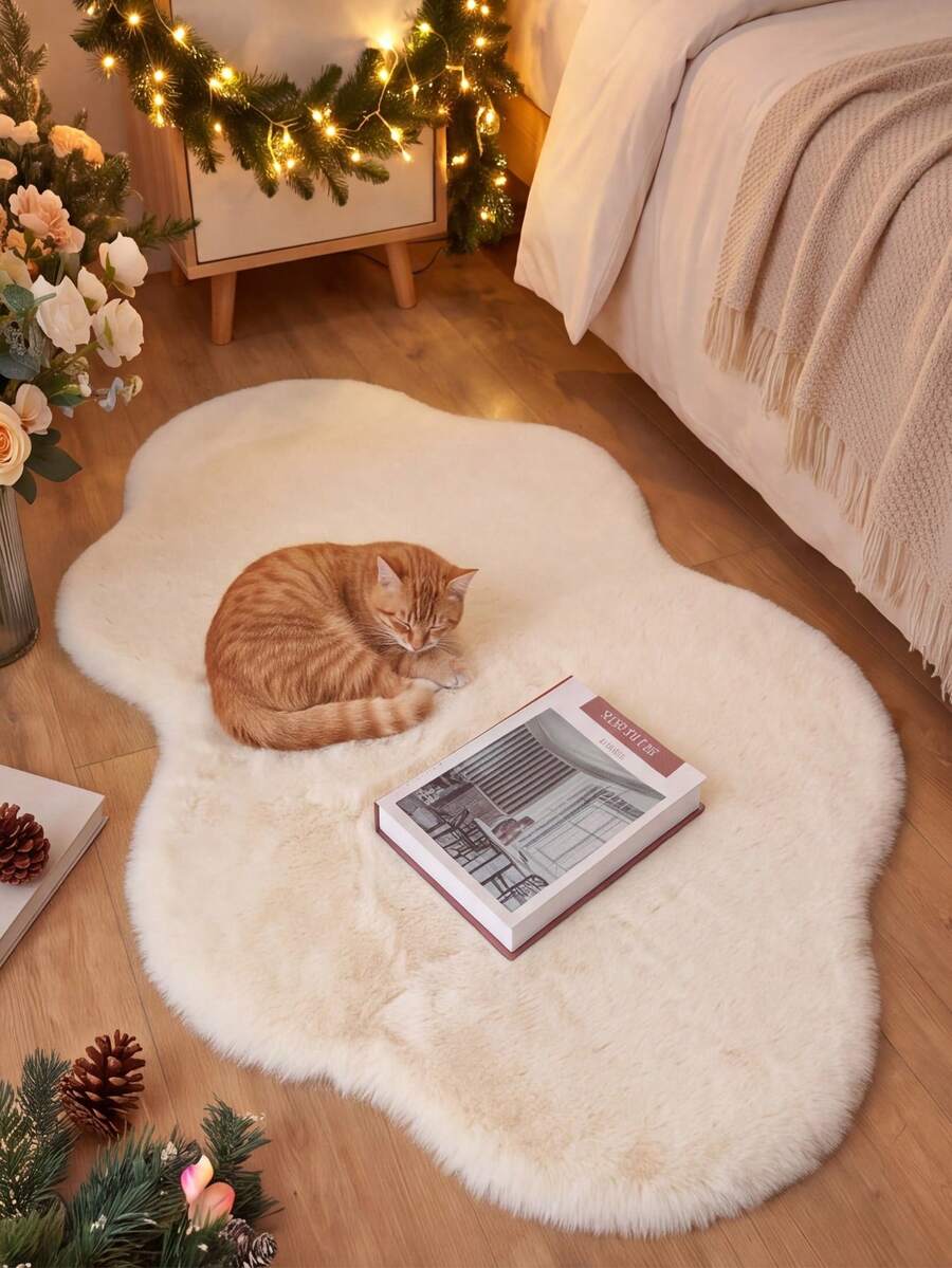 1件可水洗防滑粉色不規則雲朵人造兔毛裝飾地毯，柔軟親膚表面附防滑底，純黑設計風格，高端簡約優雅，展現屋主精緻審美，適用於客廳、臥室、床邊、書房、更衣室、梳妝台等生活場景，聖誕裝飾品，聖誕禮物，地毯，客廳地毯，臥室地毯，粉色區域地毯，粉色地毯，可水洗地毯