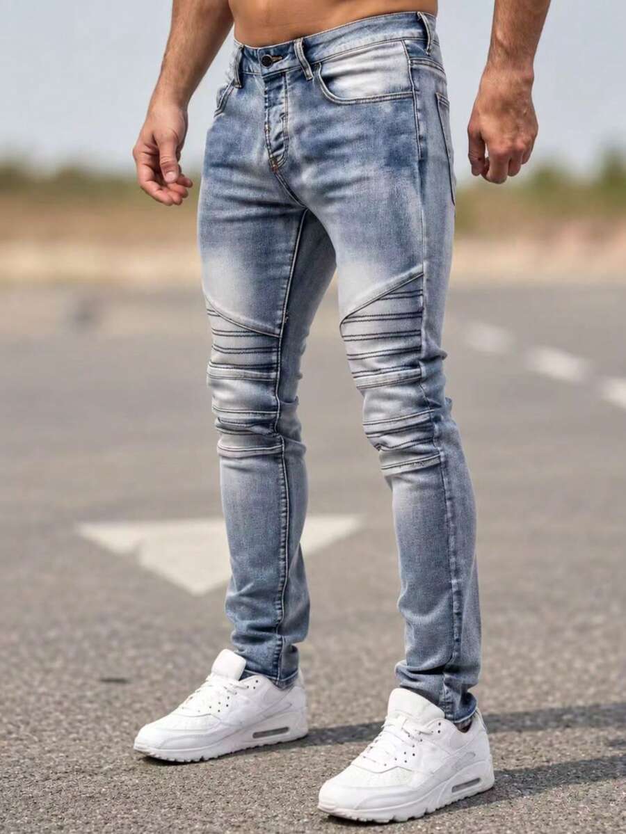 Men's Autumn/Winter New Light Blue Slim Fit Stretch Biker Jeans, Patchwork Vintage Washed Distressed Knee Ankle Denim Pants - Medium Wash - View 1