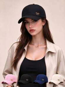 1Pc Women Baseball Cap With Metal Bow Decor Adjustable Breathable Woven Fabric Hat For Daily Outdoor Use - Style 1 - View 1