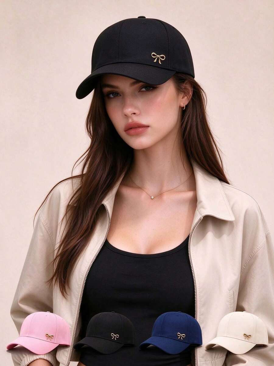 1Pc Women Baseball Cap With Metal Bow Decor Adjustable Breathable Woven Fabric Hat For Daily Outdoor Use - Style 1 - View 1