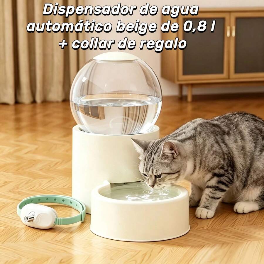 Bebedero y comedero automático para gatos, gravedad sin electricidad, depósito transparente blanco, base anti derrames, para gatos y perros pequeños, incluye collar para mascotas - Beige 0,8 L - Alimentos - Ver 1