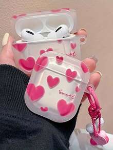 Full Print Gradient Pink Heart Compatible With Airpods Protective Case, With Heart Pendant, Compatible With Compatible With Apple Compatible With Airpods 1/2/3/4/5 Pro 1/2/3, Romantic Valentine's Day Gift, Recommended For Boyfriend/Girlfriend - Heart-shaped Protective Case + Heart-shaped Pendant - View 1