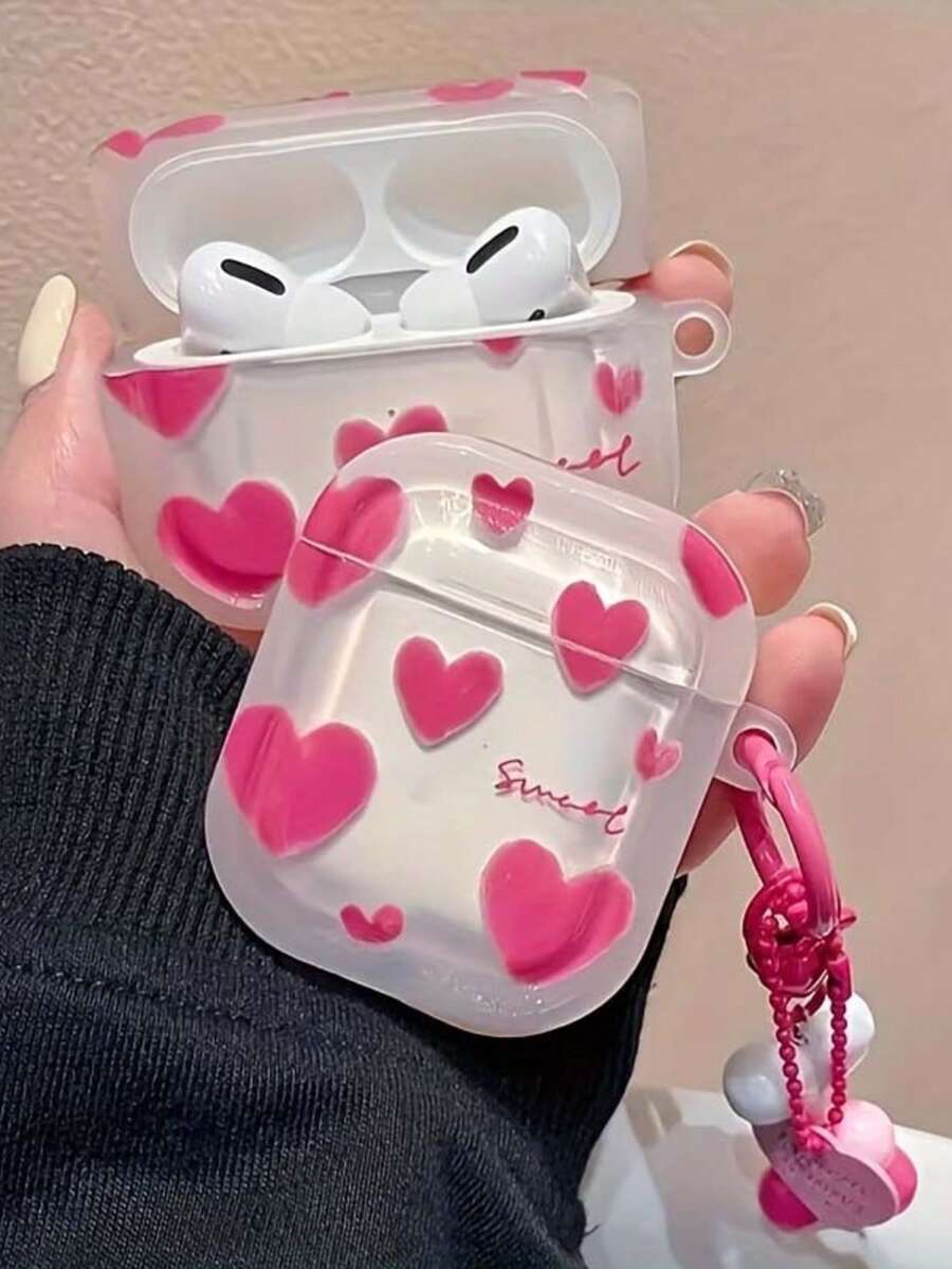 Full Print Gradient Pink Heart Compatible With Airpods Protective Case, With Heart Pendant, Compatible With Compatible With Apple Compatible With Airpods 1/2/3/4/5 Pro 1/2/3, Romantic Valentine's Day Gift, Recommended For Boyfriend/Girlfriend - Heart-shaped Protective Case + Heart-shaped Pendant - View 1