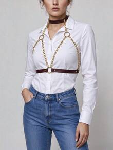 1pc Women's Coffee Color Minimalist Punk Linked Halter Neck Bondage Strap, Suitable For Daily Wear, Dating, Gathering, Party Matching - Coffee Brown - View 2