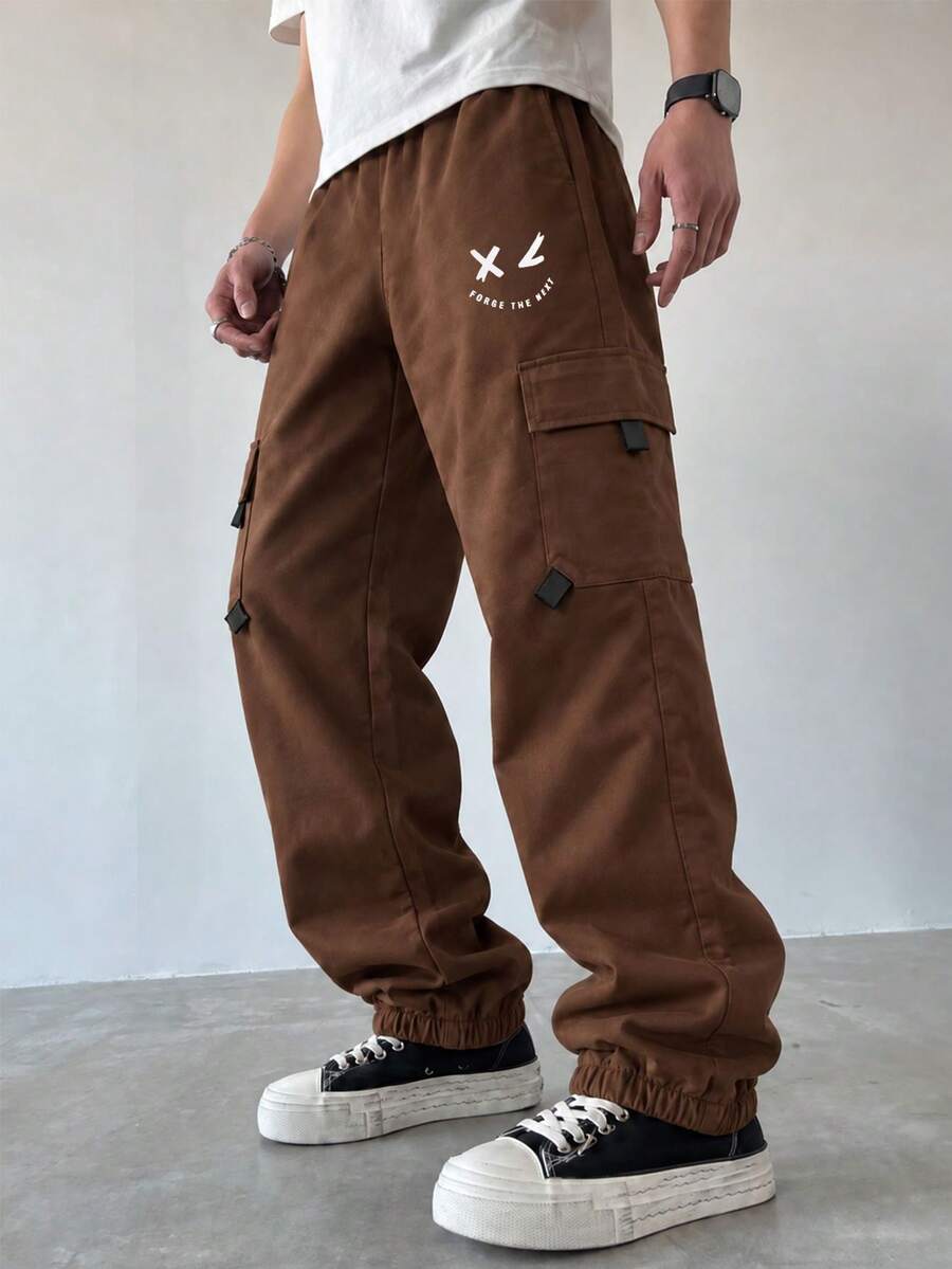1pc Boys' Outdoor Sports Multi-Pocket Minimalist Print Cuffed Casual Long Pants - Brown - View 1
