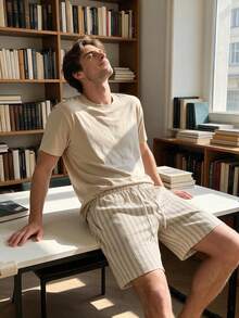 Men's Summer Striped Crew Neck Casual T-Shirt And Casual Shorts Set - Apricot - View 1