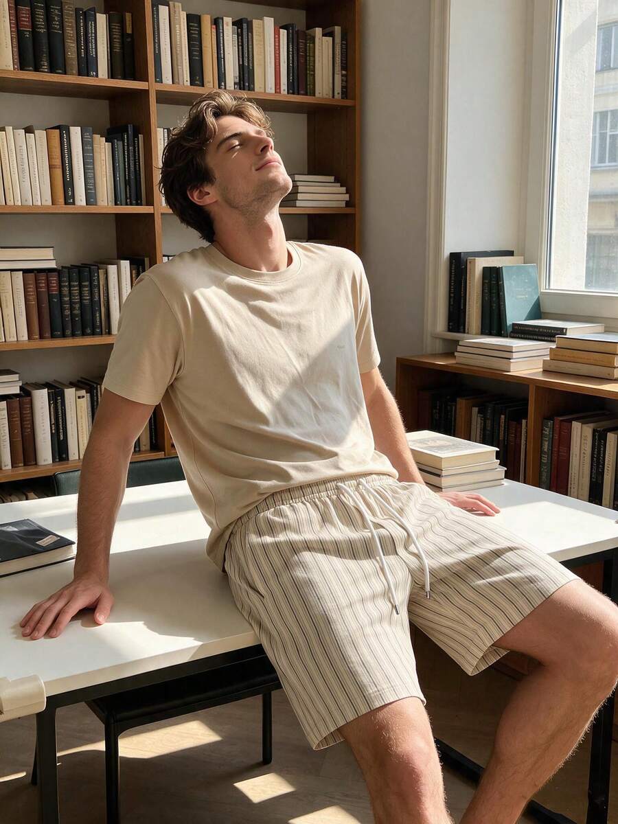 Men's Summer Striped Crew Neck Casual T-Shirt And Casual Shorts Set - Apricot - View 1