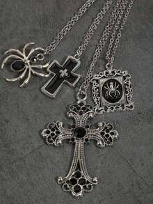 4pcs Vintage Gothic Rhinestone Cross Spider Cross Hip Hop Men's Necklace Set - Silver - View 6