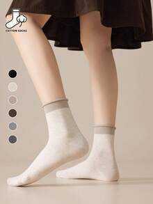 6 Pairs Women's Rolled Cuff Mid-Calf Socks, Cotton Solid Color Contrast Socks, Simple Basic Breathable Slouch Socks - Multicolor - View 3