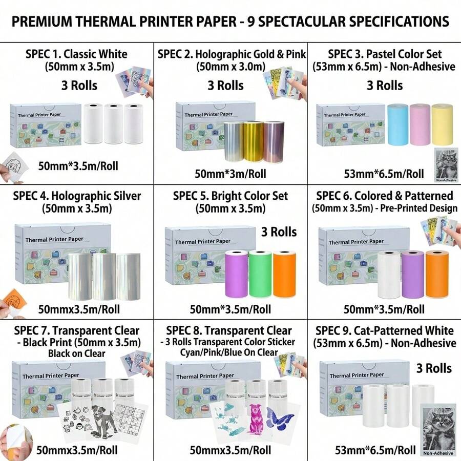 Thermal Sticker Paper 53x28mm For Phomemo T02/M02/M02S/PRO Mini Printers, 3.75m Mini Colorful Self-Adhesive Mini Printer Paper For Memoking Mini Printer, Study Notes, Journals, Photos