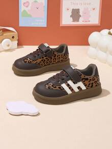 Fashion Leopard Print Patchwork Kids' Sports Shoes, Non-Slip Soft Sole, Hook And Loop Closure, Boys' And Girls' School Shoes, Comfortable Daily Walking And Training Shoes - Brown - View 2