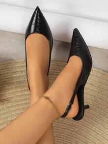 Elegant Fashionable Women's High Heels, Soft Fabric Pointed Toe Kitten Heel Slingback Sandals, Simple Comfortable Slip-On, Low Heel Commuter Office Shoes, Versatile For All Seasons - Black - View 6