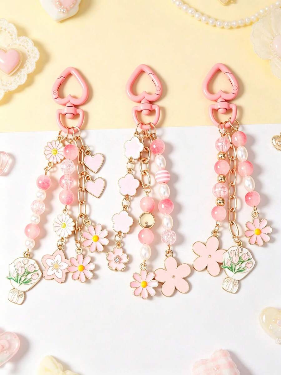 1pc Daisy Heart Keychain, Striped Beaded Tulip Flower Bag Charm - Multicolor - View 1