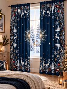 2pcs Christmas Printed Polyester Curtains, Blue White Reindeer Snowflake Pine Branch Christmas Tree Ornament Pattern, Winter Snowy Forest Window Drapes For Living Room Bedroom Dining Room Holiday Party Home Decor - F - View 3