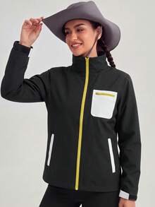 Women's Colorblock Spring/Autumn/Winter Softshell Jacket, Windproof Waterproof Breathable Long Sleeve Outdoor Sports Running Cycling Hiking Casual Zip-Up Jacket - Black and White - View 3