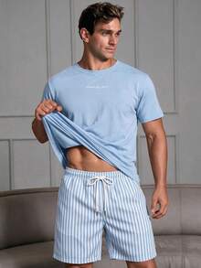 Men's Summer Crew Neck Casual T-Shirt And Casual Shorts Loungewear Set - Baby Blue - View 1