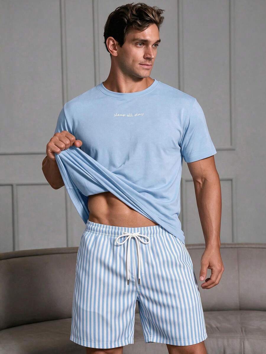 Men's Summer Crew Neck Casual T-Shirt And Casual Shorts Loungewear Set - Baby Blue - View 1