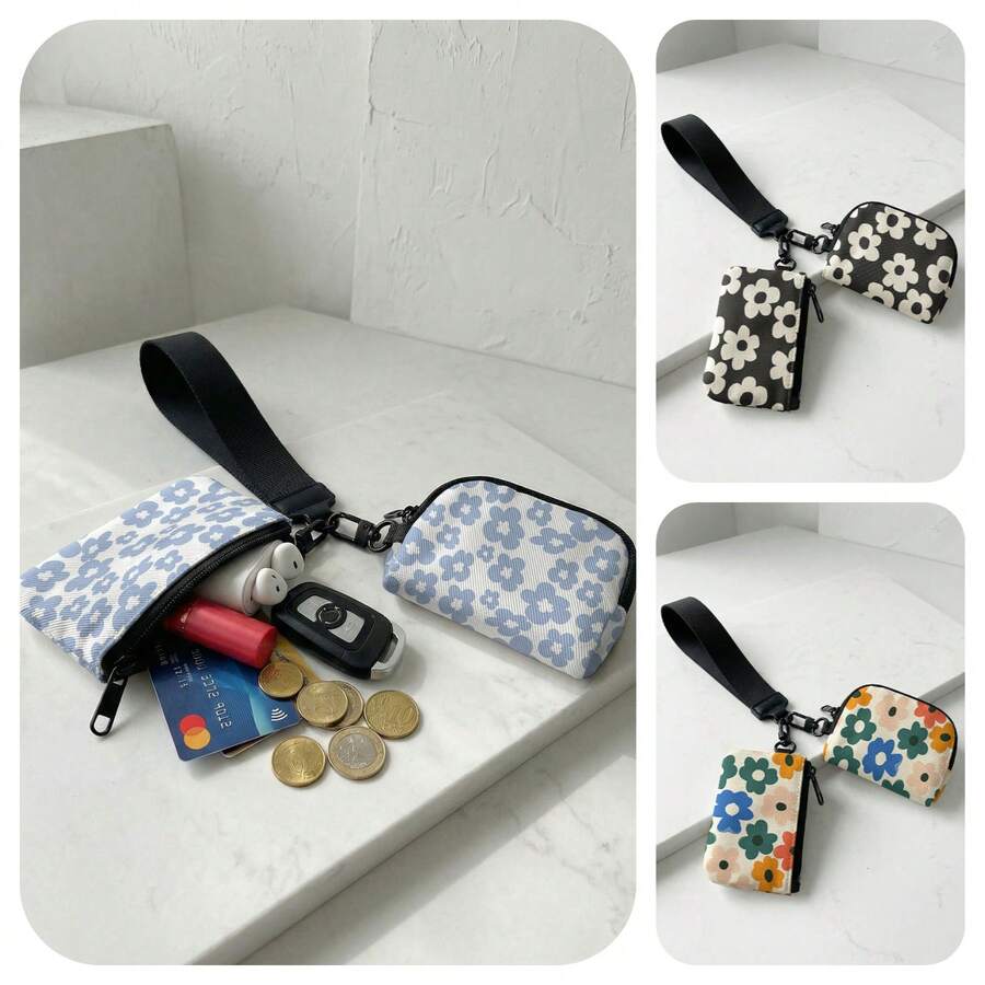 1pc Blue Flowers Print 2-In-1 Wristlet Coin Purse, Key & Earphone Pouch, Lipstick & Card Holder, For All-In-One Storage Of Small Miscellaneous Items - Multicolor - View 1
