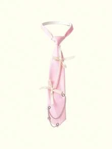 Popjeli 1pc Women's Fashion Bow Decor Chain Link Faux Pearl Punk Elegant Neck Tie, Suitable For Party, Gift, School - A - View 4