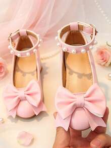 1 Pair Pink Chunky Heel Princess Shoes, Soft PU Bow + Double Pearl Decor, Round Toe Flat Non-Slip, One-Strap Hook & Loop Design, Fashionable & Cute, Suitable For Banquet, School Performance, Birthday - Pink - View 3