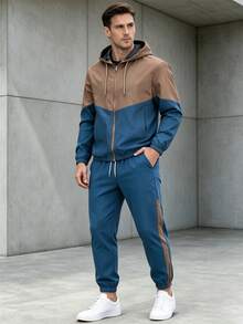 Men's Colorblock Zip-Up Hoodie & Drawstring Joggers 2-Piece Set, Long Sleeve Hooded Jacket And Sweatpants, Suitable For Daily Fitness And Streetwear - Multicolor - View 2