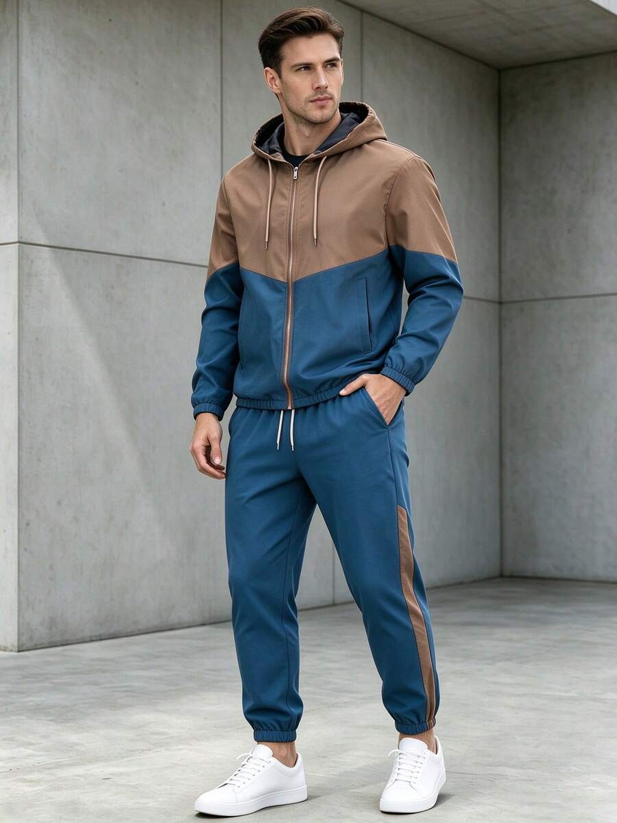 Men's Colorblock Zip-Up Hoodie & Drawstring Joggers 2-Piece Set, Long Sleeve Hooded Jacket And Sweatpants, Suitable For Daily Fitness And Streetwear