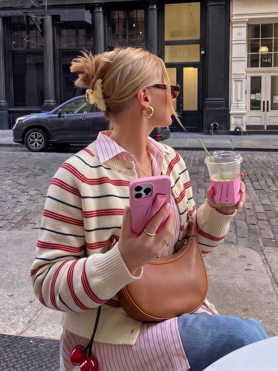 Casual Women's Striped Button-Up Cardigan With Round Neck Long Sleeve And Rib-Knit Details For Everyday Style And Comfort - Apricot - View 1