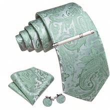 Men's Tie Set, Light Green Paisley Pattern With Pocket Square, Cufflinks, Silver Tie Clip, 4-Piece Set, Business Wedding Formal Versatile Gift - Mint Green - View 2