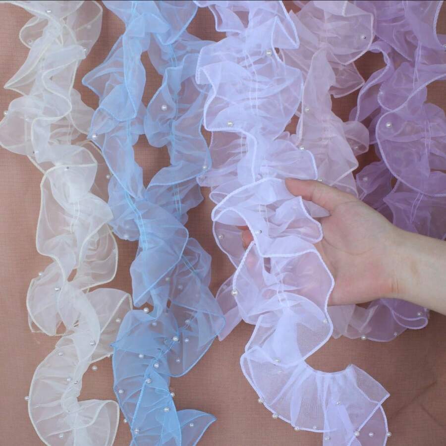 1 Roll/1 Meter 12cm Dense Pleated Beaded Tulle Lace Floral Packaging Ribbon, Bouquet Ribbon, Shiny Pearl Wave Tulle Ribbon - Lolita Lace - View 1
