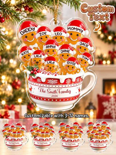 パーソナライズされたクリスマスジンジャーブレッドマンマグカップ家族名オーナメント、3-12人の家族メンバー向けカスタマイズ可能、家族の姓と年、カスタム家族名ジンジャーブレッドマンクリスマスツリーオーナメント、温かいジンジャーブレッドマン家族専用名デザイン、家族の再会を表現、喜びとホリデーの思い出を共有、クリスマスツリー、暖炉のマンテル、リビングルームに適しています
