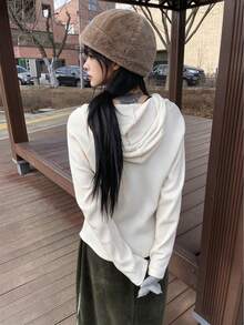 韓式個性設計斜扣華夫格針織修身休閒連帽T恤 - 白色 - 查看 3