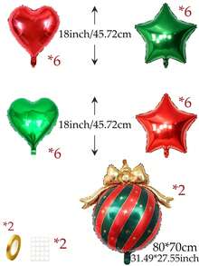 15/30pcs Christmas Heart Star & Bow Bauble Foil Balloon Kit, Xmas Party Decorations, Red Green Aluminum Balloons With Ribbon And Dots For Holiday Backdrop Decor - Christmas Heart, Star, and Bow Balloon Set - View 8