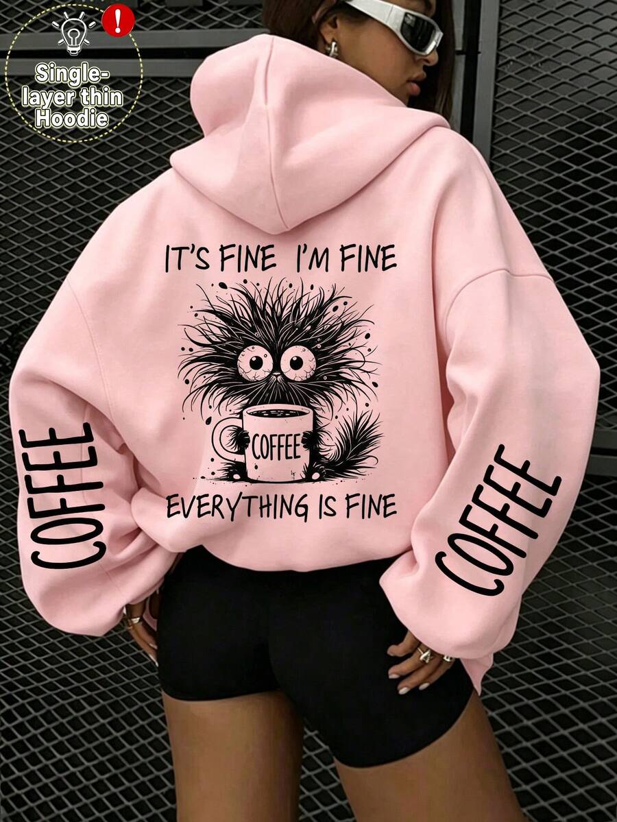 Cat Print Hooded Sweatshirt, Plus Size Women's Casual Autumn/Winter Sweatshirt Pink - Pink - View 1