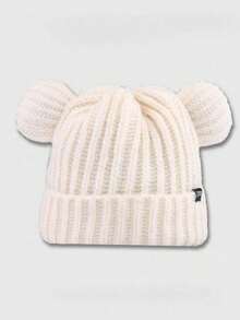 ML&ZA Women's Cute Bear Ear Knit Hat, Solid Color Ribbed Cuff Winter Beanie With Small Label, Warm Soft Headwear For Daily Outdoor Cold Weather - Multicolor - View 7