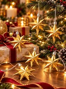 12pcs Gold Christmas Star Ornaments Hanging Decorations, Shiny 3D Star Pendants For Christmas Tree, Holiday Party Home Fireplace Window Decor - Multicolor - View 7