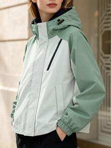 Plus Size Women's Spring/Autumn Colorblock Long Sleeve Casual Hooded Jacket - Green - View 1