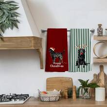 2件/包 白色卡通廚房毛巾，日常廚房毛巾，動物廚房毛巾，手巾，烹飪烘焙茶巾，抹布，清潔布，客廳裝飾，廚房裝飾，廚房必需品，居家必需品 - 綠白紋紅底 - 查看 5