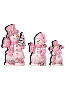 1/3Pcs Pink Christmas Snowman Tabletop Decor Set, Freestanding Winter Snowman Ornaments With Gift Box & Candy Cane, Rustic Xmas Desktop Decorations For Window Sill, Dining Table, Kitchen Counter, Holiday Home Decor, Christmas Gift For Family Friends - Pink - View 9