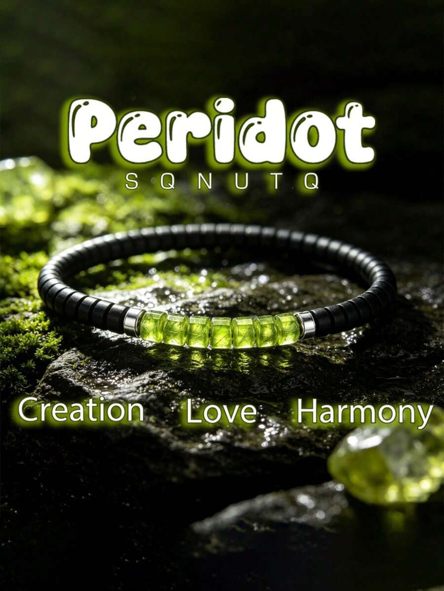 Natural Peridot And Obsidian Beaded Elastic Bracelet, Men's Minimalist Daily Versatile Bracelet Gift - Multicolor - View 1