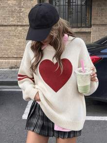 Plus Size Women's Heart Pattern Dropped Shoulder Long Sleeve Casual Sweater - Beige - View 1