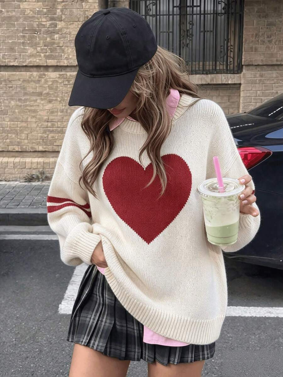 Plus Size Women's Heart Pattern Dropped Shoulder Long Sleeve Casual Sweater - Beige - View 1