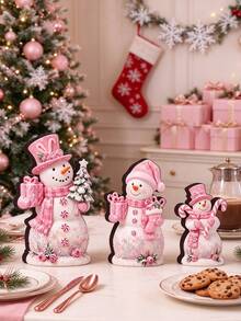 1/3Pcs Pink Christmas Snowman Tabletop Decor Set, Freestanding Winter Snowman Ornaments With Gift Box & Candy Cane, Rustic Xmas Desktop Decorations For Window Sill, Dining Table, Kitchen Counter, Holiday Home Decor, Christmas Gift For Family Friends - Pink - View 4
