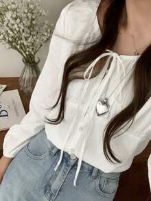 Áo blouse nữ tay dài dáng rộng tôn dáng, cổ tròn đính nơ, cài nút đơn, phong cách độc đáo, dễ phối đồ - trắng - Xem 4