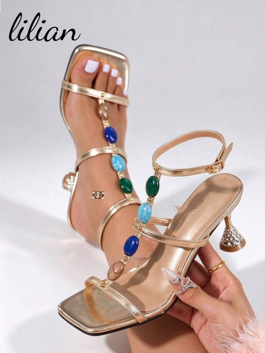 Women's Fashion High Heel Sandals, New Roman Style Buckle Design, Bohemian Beaded Decor, Suitable For Summer Parties, Weddings, Banquets