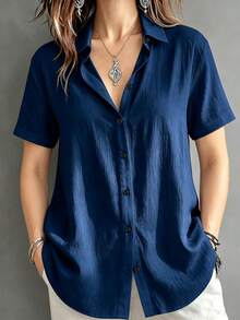 Casual Basic Plus Size Women's Button-Up Short Sleeve Shirt Blouse - Blue - View 1