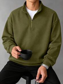 Men's Solid Color Long Sleeve Casual Half-Zip Polo Collar Sweatshirt - Olive Green - View 4