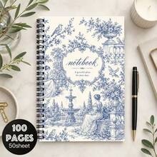 French Retro Ruyy Printed Classical Figure Courtyard Lake Flower Tree Bird Pattern Spiral Notebook, Old Time European Manor Atmosphere Creative Cover Journal, Workplace Work Conception Memo Writing Record Diary,Pen Not Included - One Book (50 Pages, 100 Pages) - View 5
