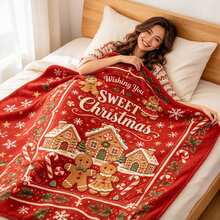 1PC Red Gingerbread House & Gingerbread Man Print Flannel Blanket, Christmas Holiday Sofa Decorative Throw - Multicolor - View 7