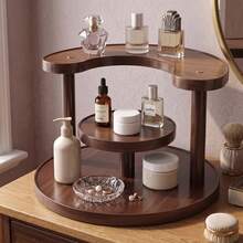 Round Makeup Organizer C-Shaped Vanity Tray 3-Tier Desktop Storage Rack Walnut Color Premium Composite Panel - View 5