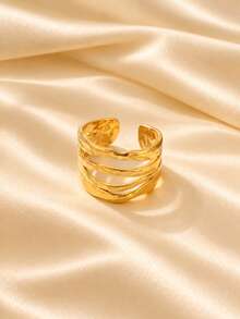Fransk vintage exklusiv asymmetrisk flerskiktad vågig linje guld öppen ring, europeisk och amerikansk stil nischdesign mångsidig pekfingerring - Guld - Visa 6